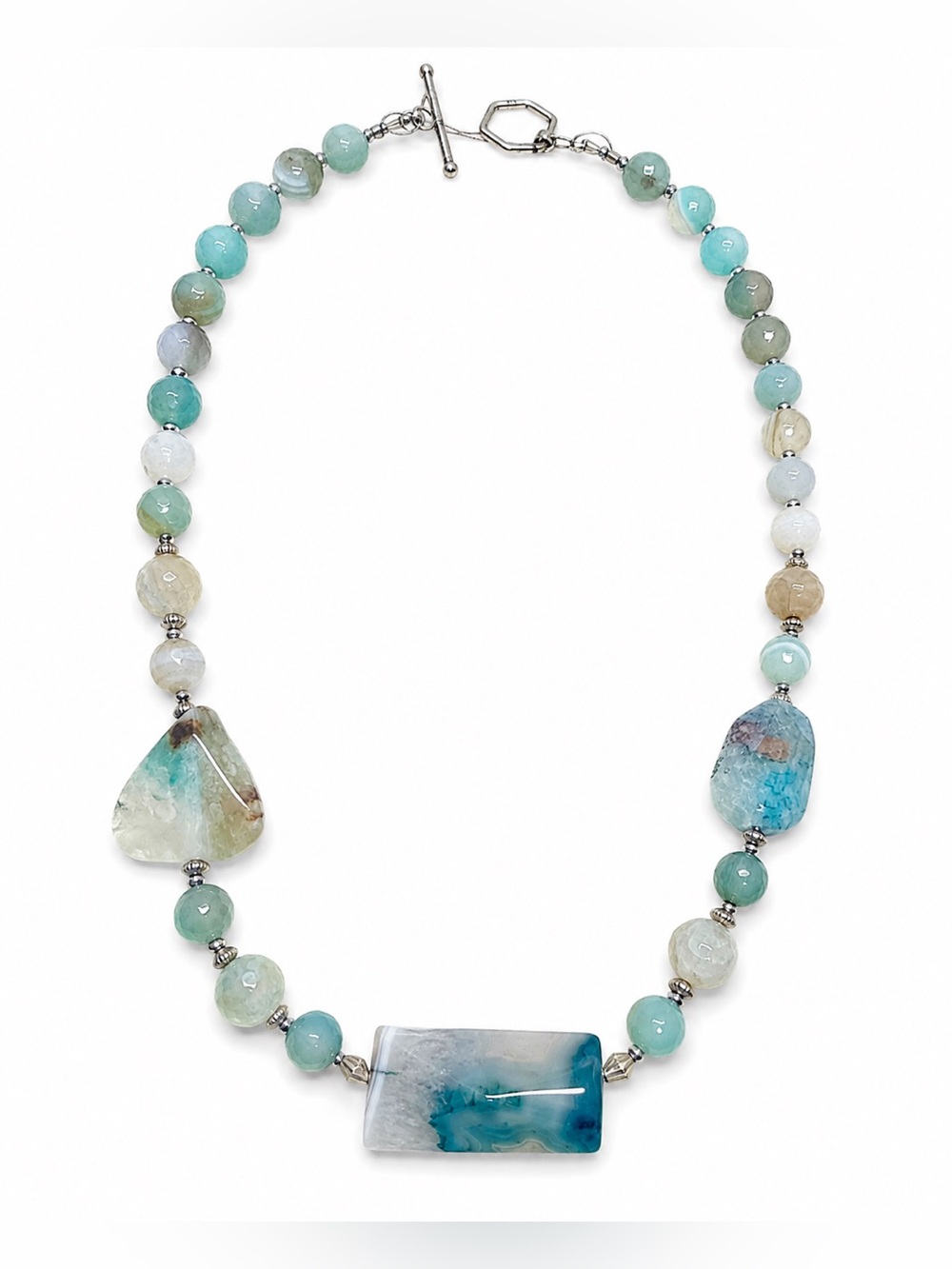 Artisan Blue Green Agate Gemstone Statement Necklace Sterling Silver? 20”